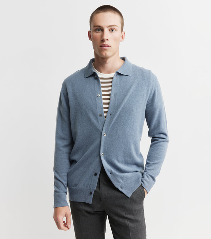 Mens Cashmere Cardigan with Collar - Steel Blue