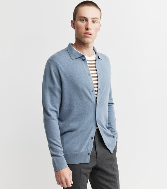 Mens Cashmere Cardigan with Collar - Steel Blue