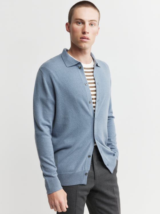 Mens Cashmere Cardigan with Collar - Steel Blue