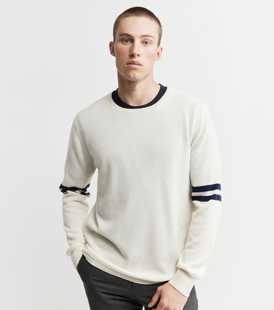 Mens Cashmere Crew Stripe Sleeve - Cream/Navy