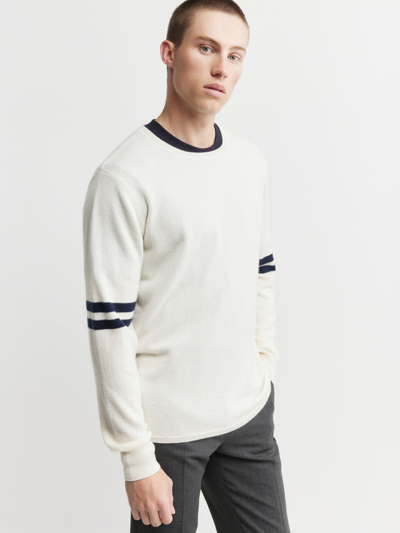 Mens Cashmere Crew Stripe Sleeve - Cream/Navy