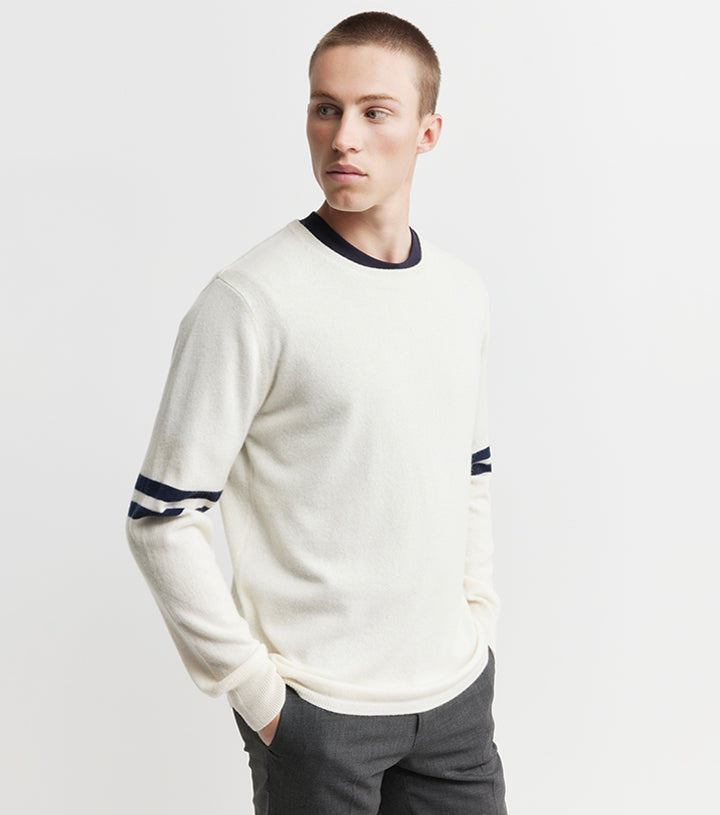 Mens Cashmere Crew Stripe Sleeve - Cream/Navy