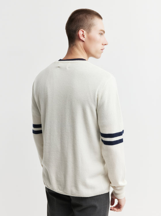 Mens Cashmere Crew Stripe Sleeve - Cream/Navy