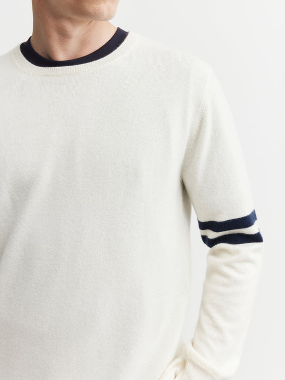 Mens Cashmere Crew Stripe Sleeve - Cream/Navy