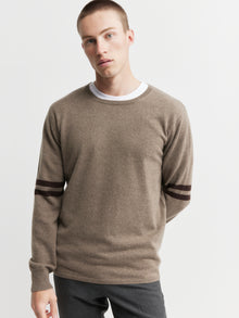  Mens Cashmere Crew Stripe Sleeve - Walnut/Cacao