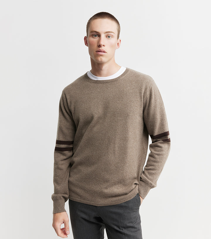 Mens Cashmere Crew Stripe Sleeve - Walnut/Cacao