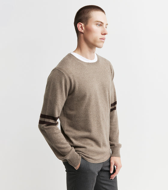 Mens Cashmere Crew Stripe Sleeve - Walnut/Cacao