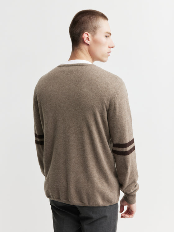 Mens Cashmere Crew Stripe Sleeve - Walnut/Cacao