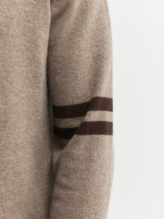 Mens Cashmere Crew Stripe Sleeve - Walnut/Cacao