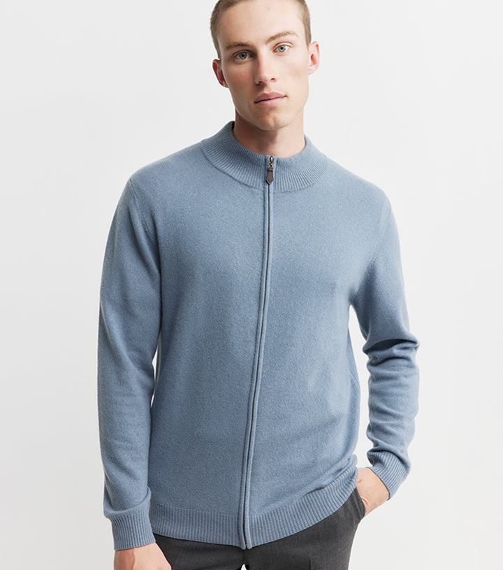 Mens Cashmere Full Zip Cardigan - Steel Blue