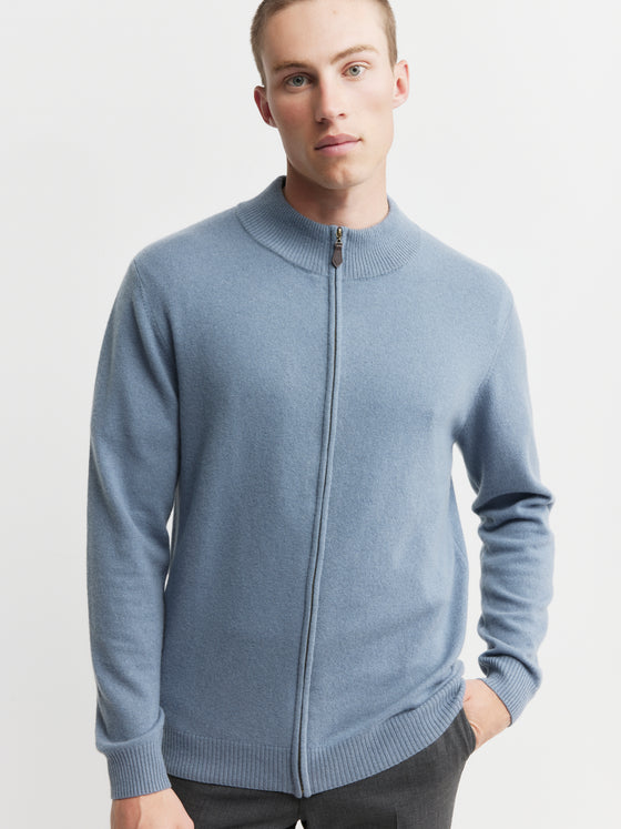 Mens Cashmere Full Zip Cardigan - Steel Blue