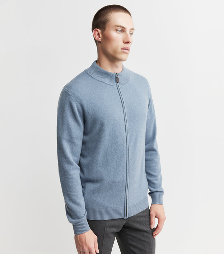 Mens Cashmere Full Zip Cardigan - Steel Blue