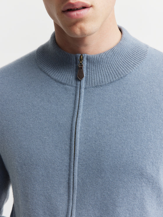 Mens Cashmere Full Zip Cardigan - Steel Blue