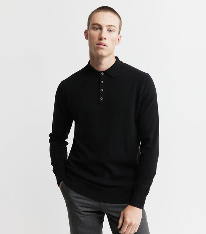 Mens Cashmere Long Sleeve Polo - Black