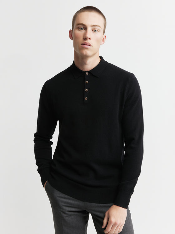 Mens Cashmere Long Sleeve Polo - Black