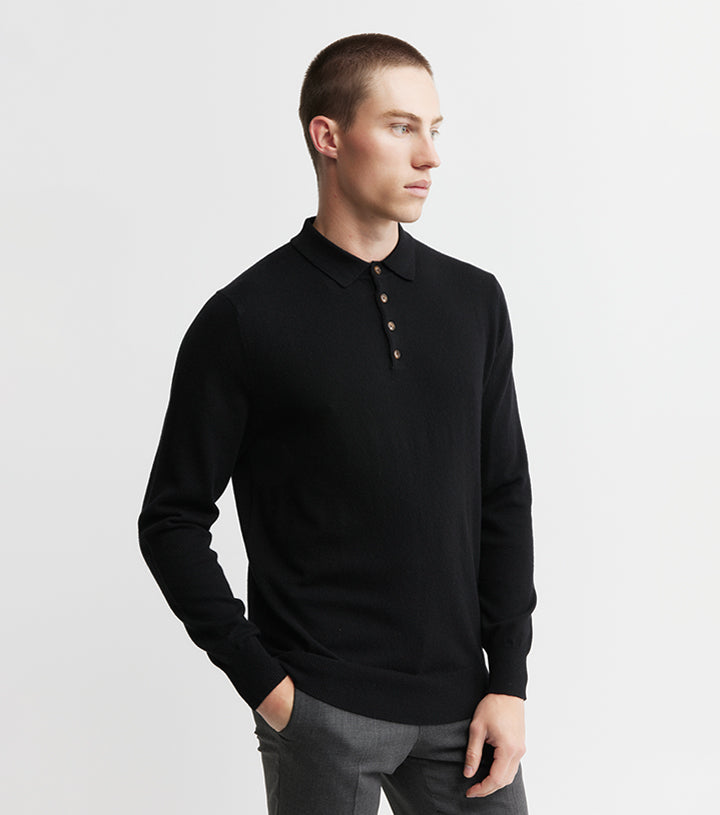 Mens Cashmere Long Sleeve Polo - Black