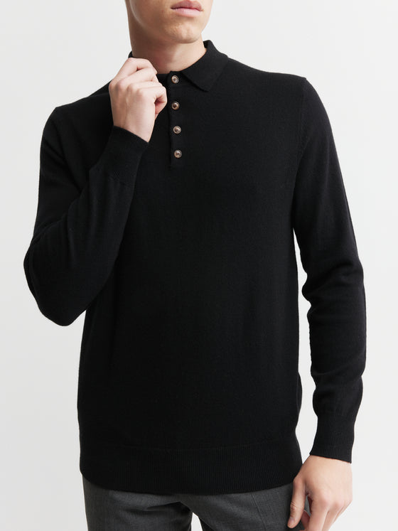 Mens Cashmere Long Sleeve Polo - Black