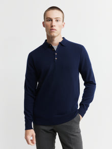  Mens Cashmere Long Sleeve Polo - Navy