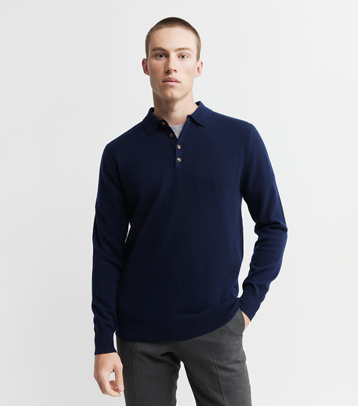 Mens Cashmere Long Sleeve Polo - Navy