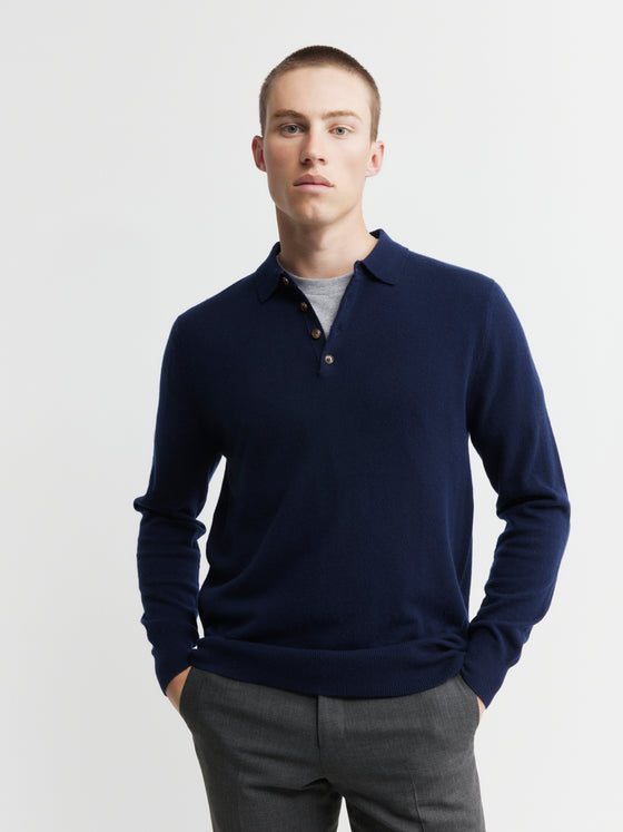 Mens Cashmere Long Sleeve Polo - Navy