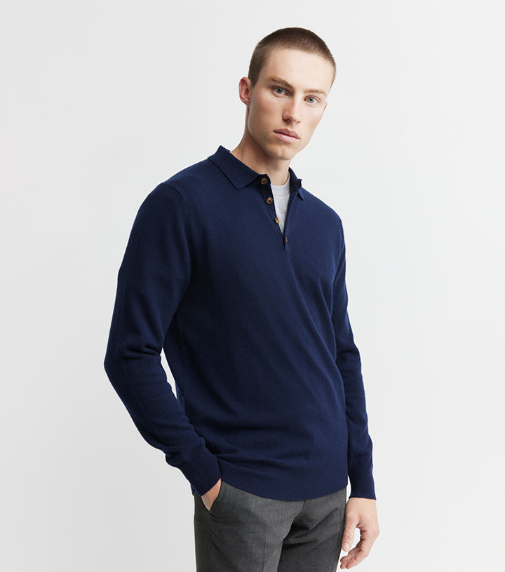 Mens Cashmere Long Sleeve Polo - Navy