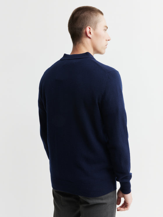 Mens Cashmere Long Sleeve Polo - Navy