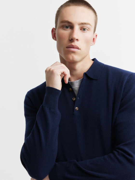 Mens Cashmere Long Sleeve Polo - Navy