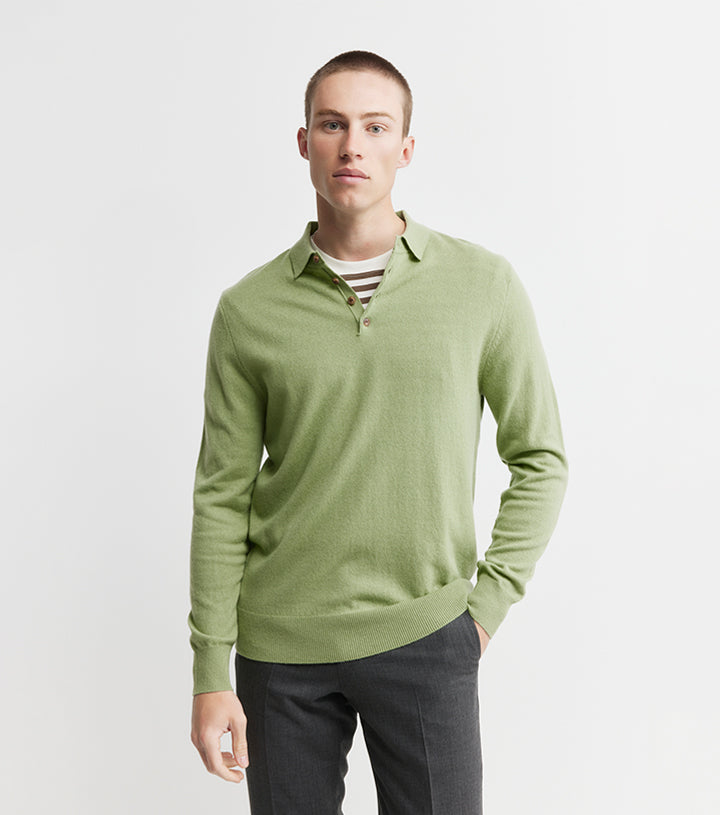 Mens Cashmere Long Sleeve Polo - Sage