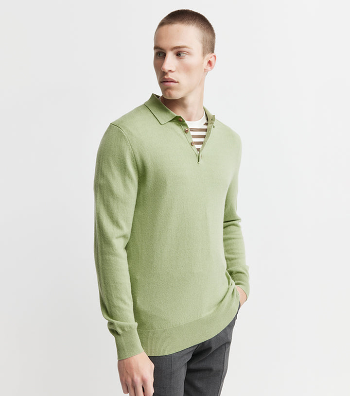 Mens Cashmere Long Sleeve Polo - Sage