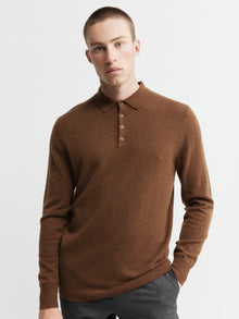  Mens Cashmere Long Sleeve Polo - Tan