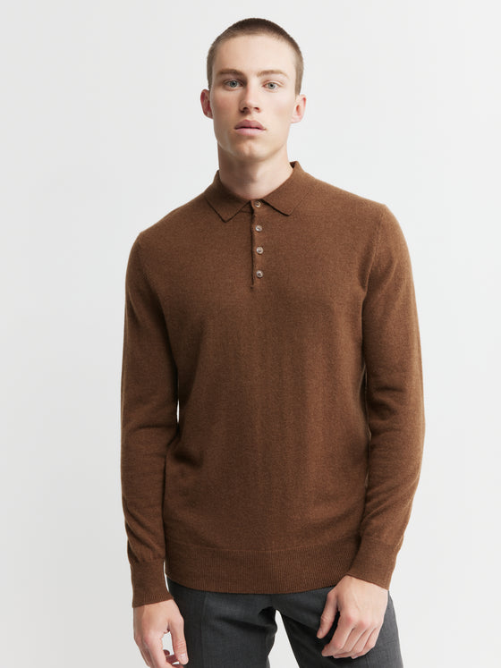 Mens Cashmere Long Sleeve Polo - Tan