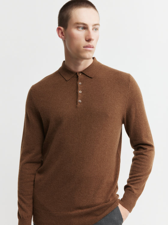 Mens Cashmere Long Sleeve Polo - Tan