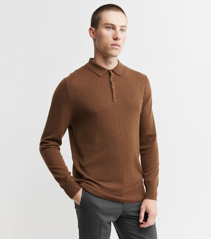 Mens Cashmere Long Sleeve Polo - Tan