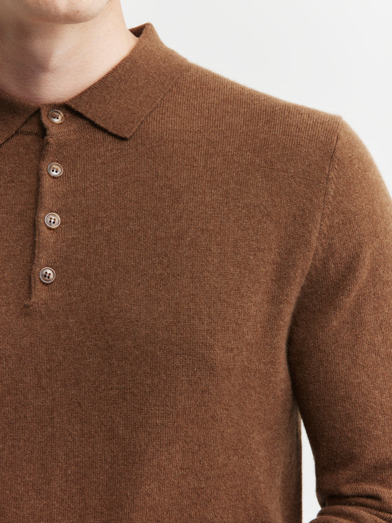 Mens Cashmere Long Sleeve Polo - Tan