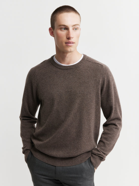 Mens Cashmere Saddle Crew - Brown Melange