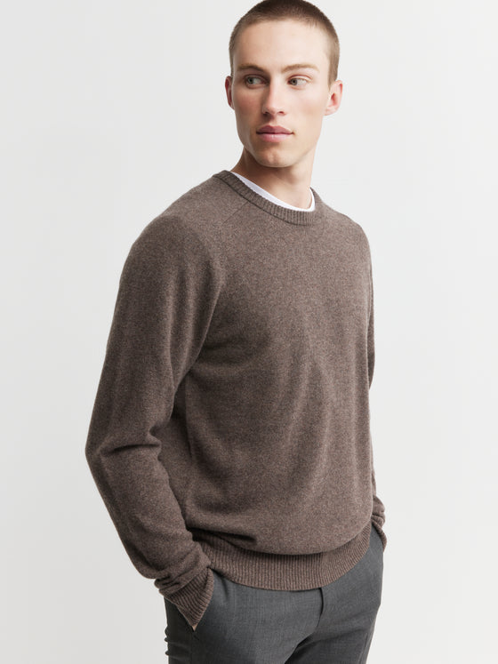 Mens Cashmere Saddle Crew - Brown Melange