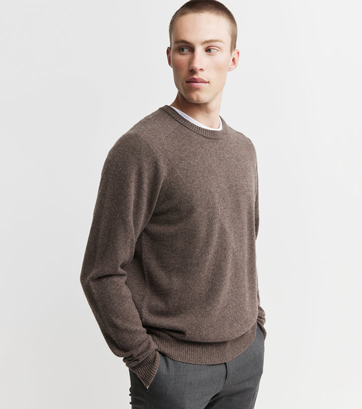 Mens Cashmere Saddle Crew - Brown Melange