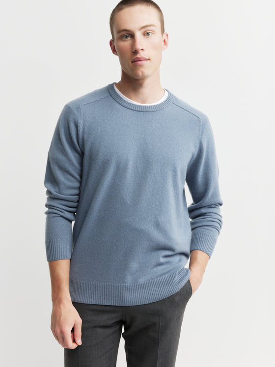 Mens Cashmere Saddle Crew - Steel Blue