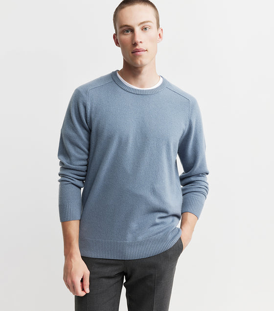 Mens Cashmere Saddle Crew - Steel Blue