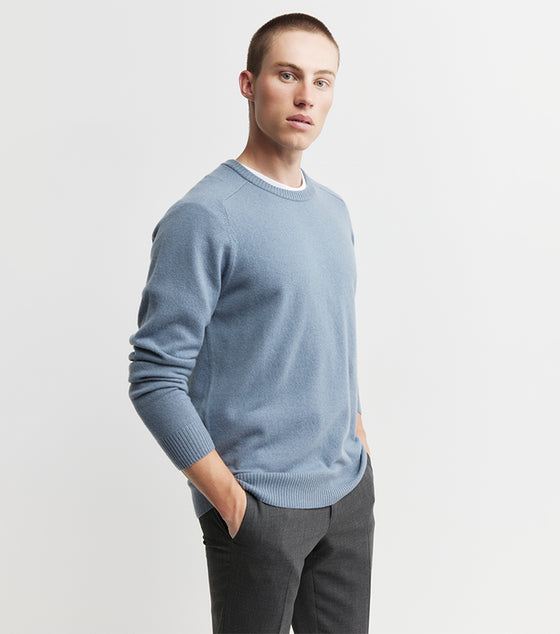 Mens Cashmere Saddle Crew - Steel Blue