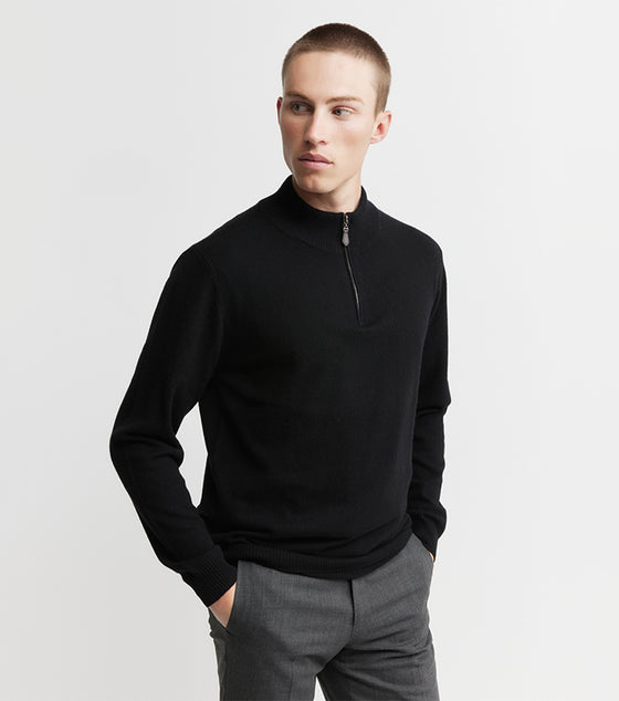 Mens Essential Cashmere 1/4 Zip Sweater - Black/Navy