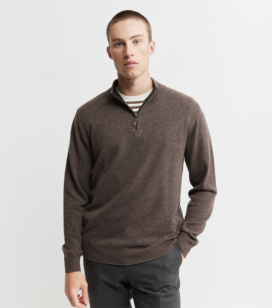 Mens Essential Cashmere 1/4 Zip Sweater - Brown Melange