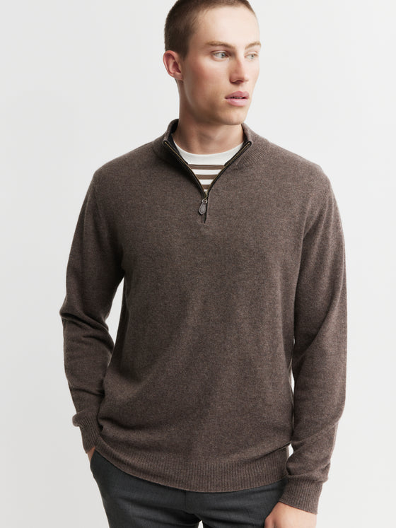 Mens Essential Cashmere 1/4 Zip Sweater - Brown Melange