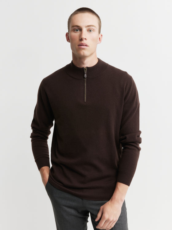 Mens Essential Cashmere 1/4 Zip Sweater - Cacao/Walnut