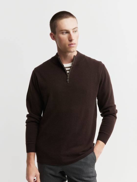 Mens Essential Cashmere 1/4 Zip Sweater - Cacao/Walnut