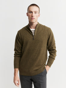  Mens Essential Cashmere 1/4 Zip Sweater - Moss/Cacao