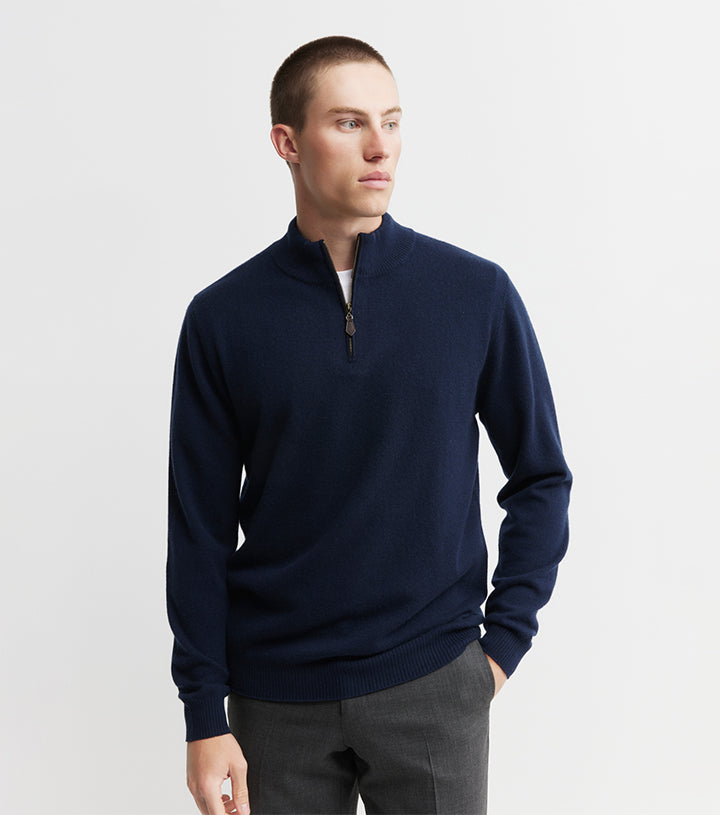 Mens Essential Cashmere Quarter Zip Sweater - Navy/Black