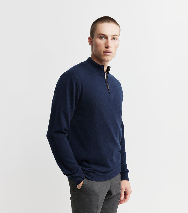 Mens Essential Cashmere Quarter Zip Sweater - Navy/Black