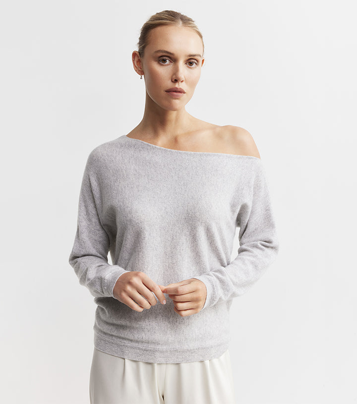 Cashmere Off Shoulder Sweater - Grey Melange