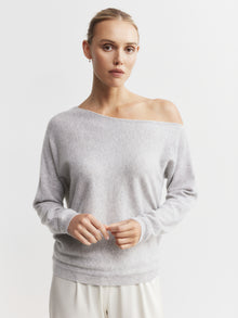  Cashmere Off Shoulder Sweater - Grey Melange